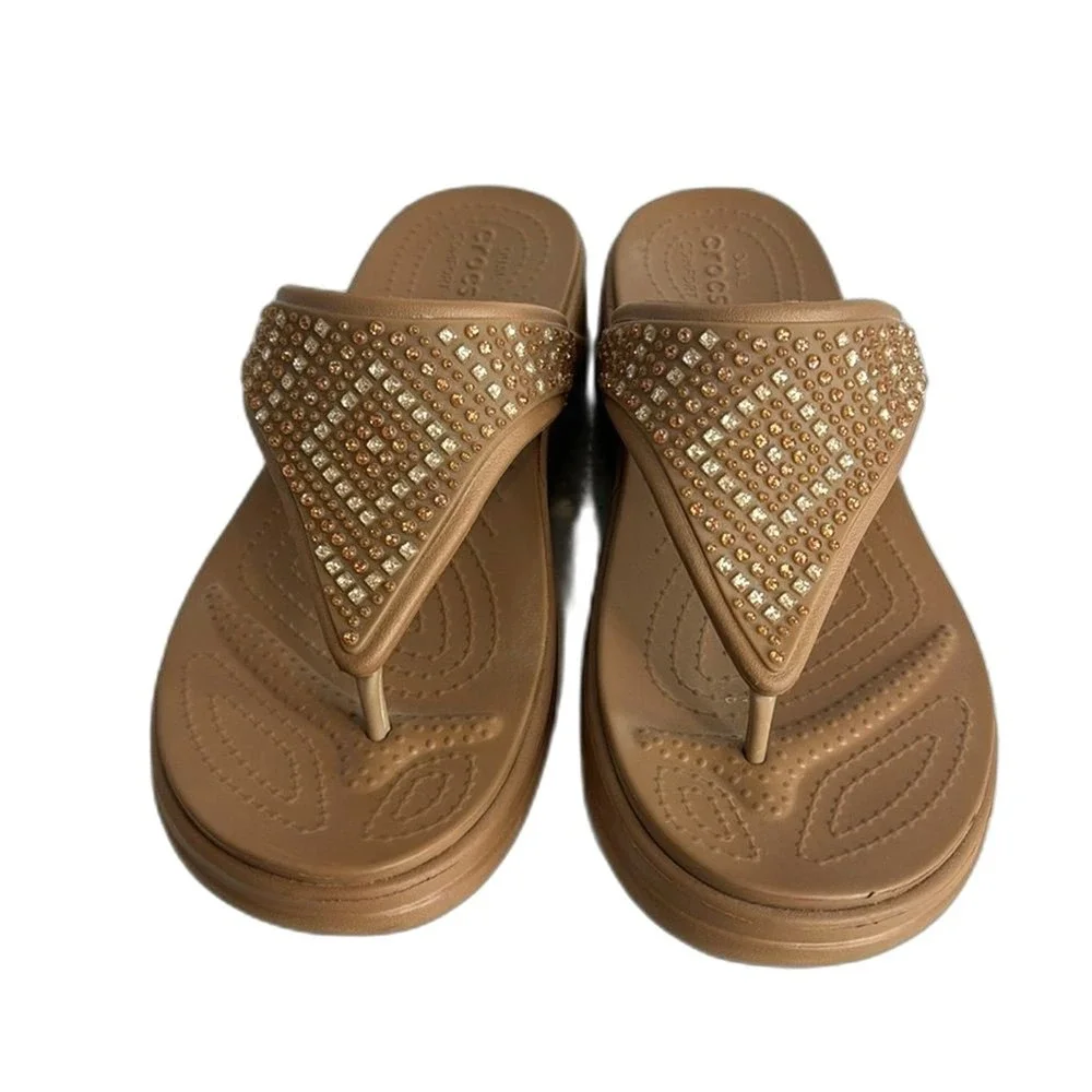 Crocs Women's Monterey Shimmer Wedge Flip Sandals Tan Size 11